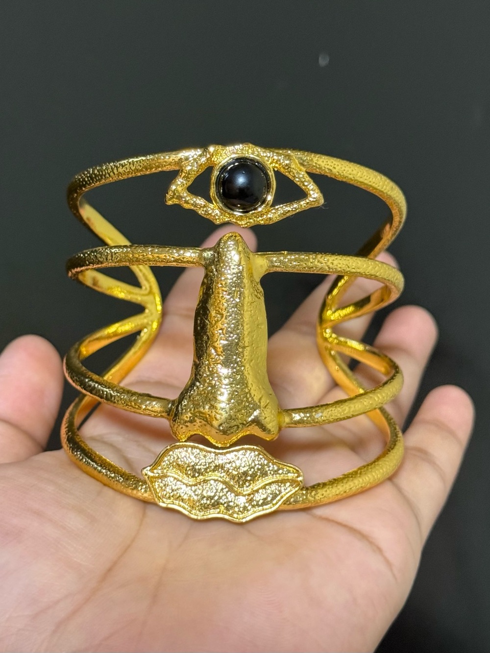 Schiaparelli Inspired Face Motif Cuff Bracelet with Black Accent